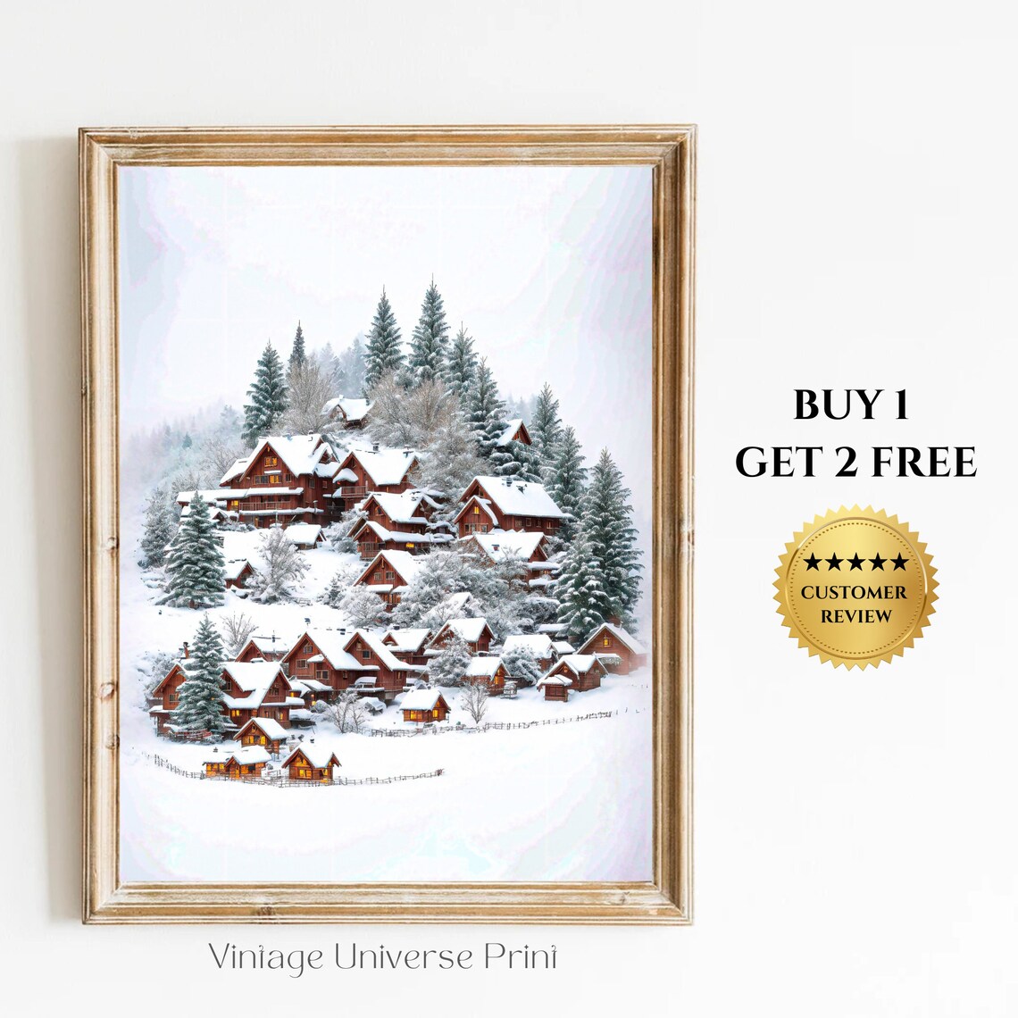 Snowy Hillside Village Wooden Cabins Winter Landscape Poster