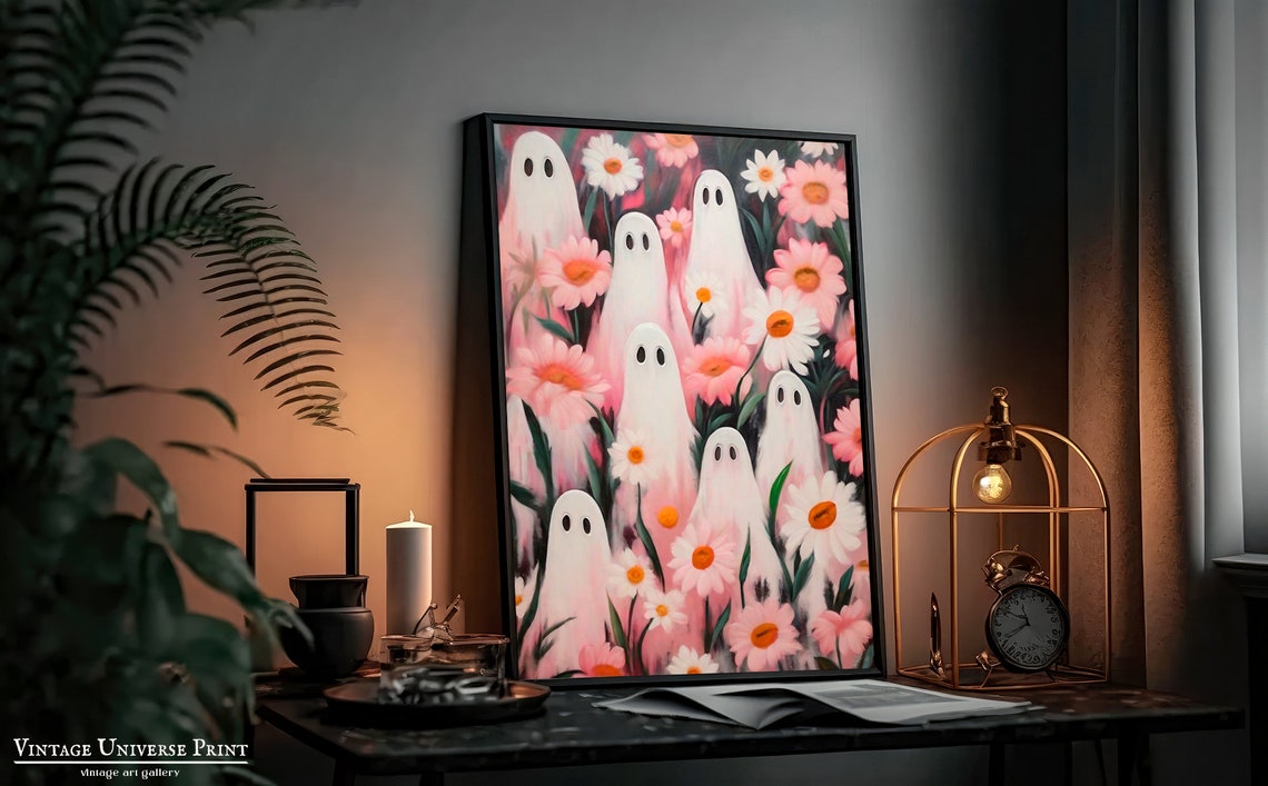 Cute Ghosts Hiding Among Pink Daisies Playful Floral Art Poster - Image 4