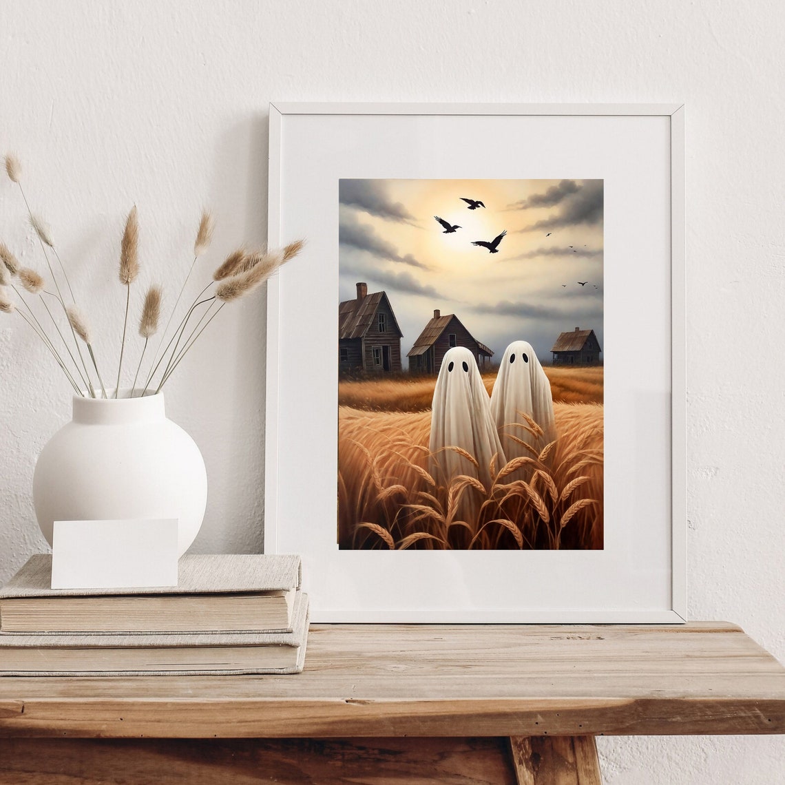 Two Sheet Ghosts in a Golden Wheat Field Vintage Halloween Poster - Image 4