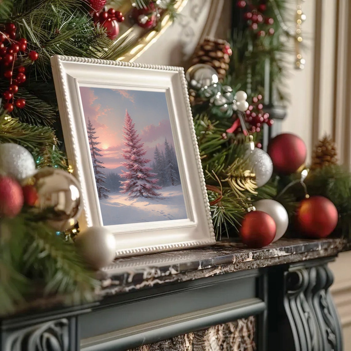 Pink Snowy Pine Tree At Sunset Winter Scene Christmas Poster - Image 2
