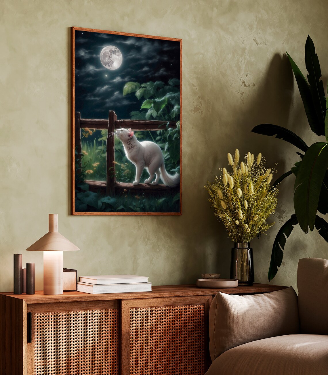 White Cat on a Garden Fence Gazing at the Full Moon at Night Poster - Image 3