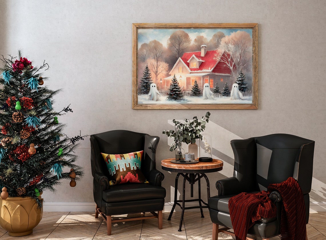 Three Ghosts Outside Christmas House Snowy Holiday Scene Print - Image 2