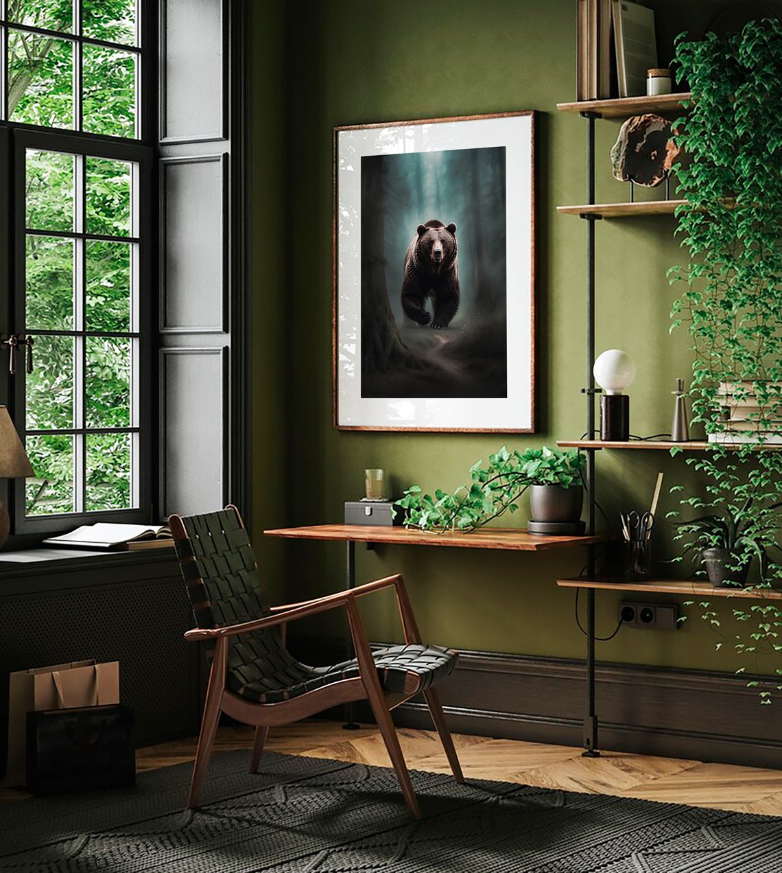 Brown Bear Charging Through a Misty Dark Forest Wildlife Wall Art - Image 2