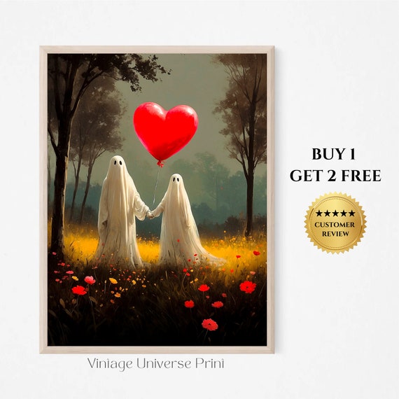 Cute Hearth Ghost In The Field Painting Romantic Couple Of Ghost Print Cottagecore Wall Decor Halloween Artwork Spooky Wall Art 146