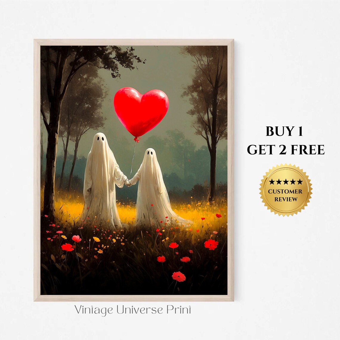 Two Ghosts In Love Holding A Red Heart Balloon In A Wildflower Field Art Print
