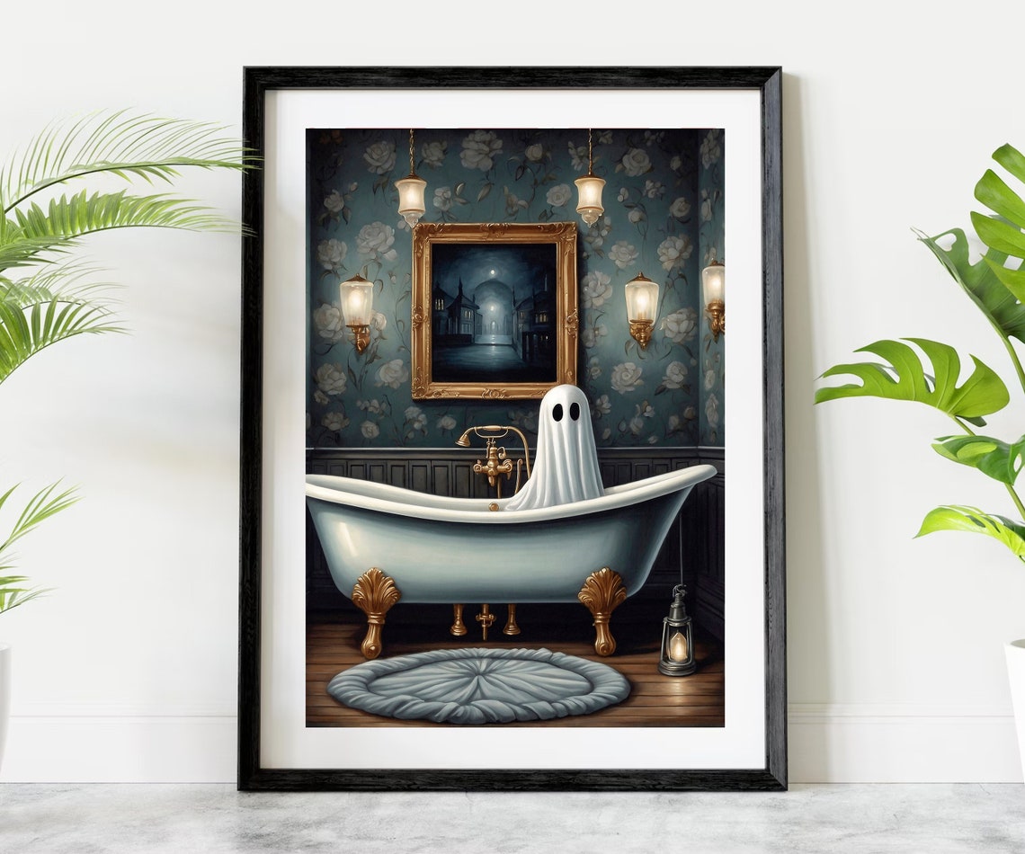 Cute Ghost Relaxing In A Vintage Bathtub Elegant Spooky Poster - Image 3