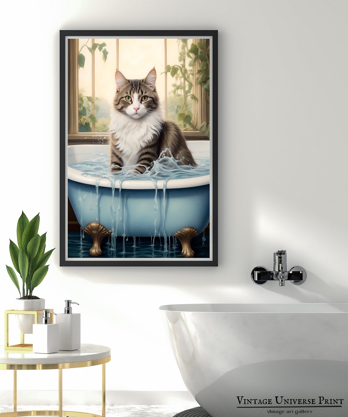 Fluffy Tabby Cat Soaking in a Blue Bathtub with Splashing Water Cute Poster - Image 3