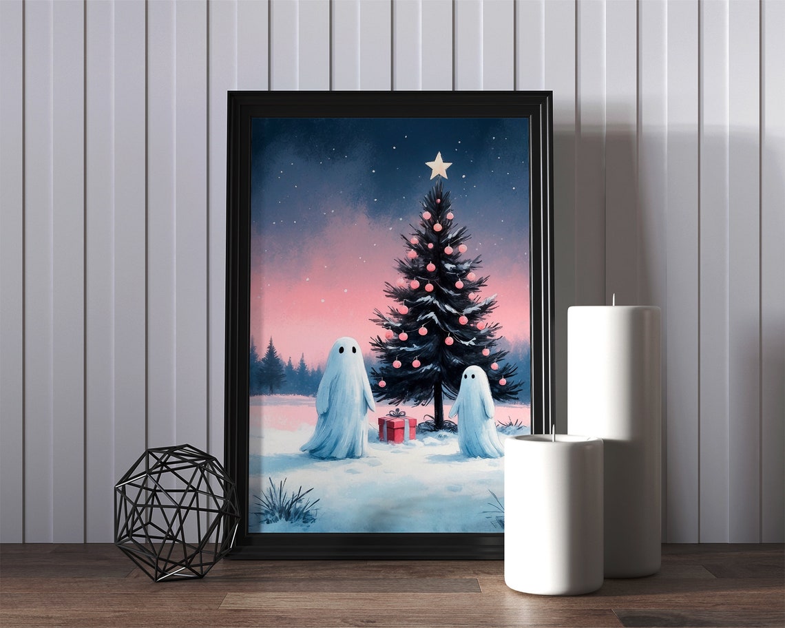 Two Ghosts Beside Christmas Tree with Pink Ornaments Night Print - Image 2