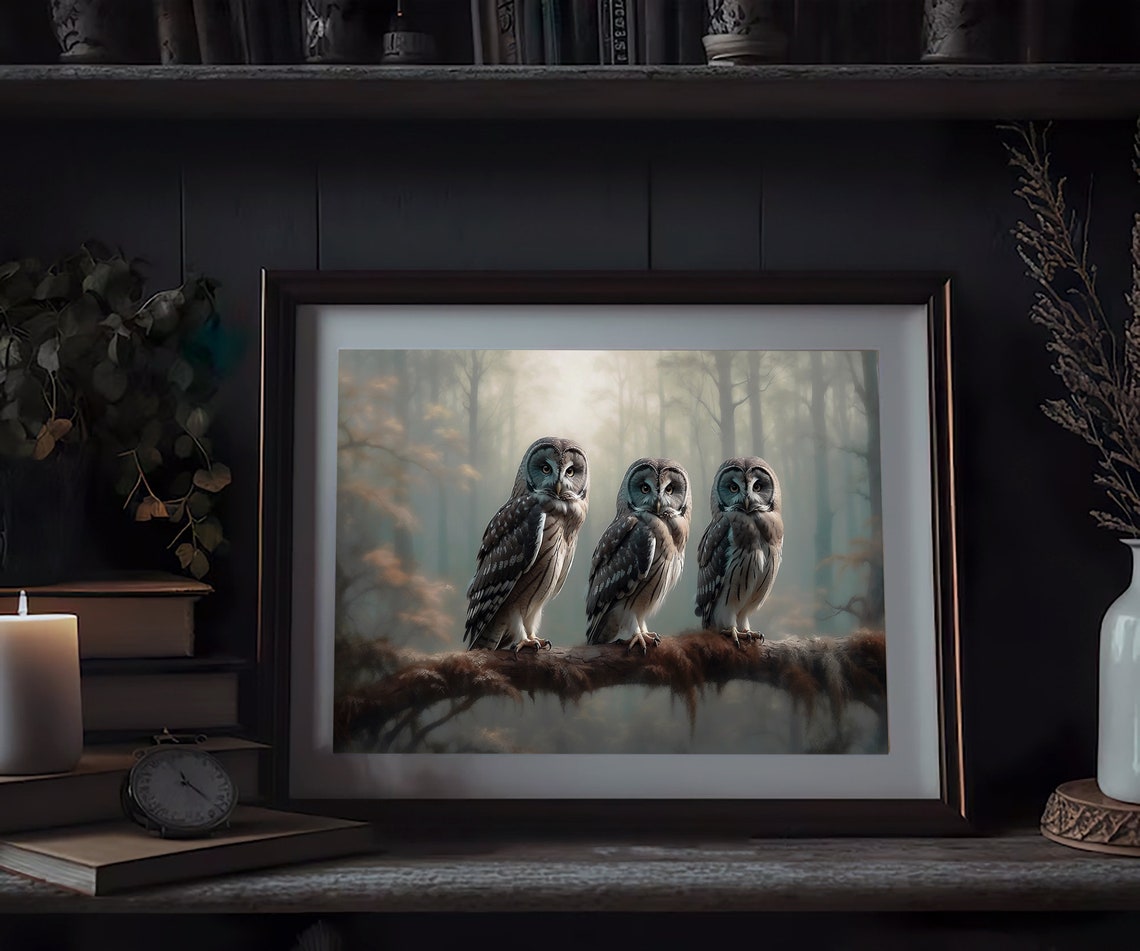 Three Owls on a Branch in a Misty Forest Vintage Bird Art Print - Image 3