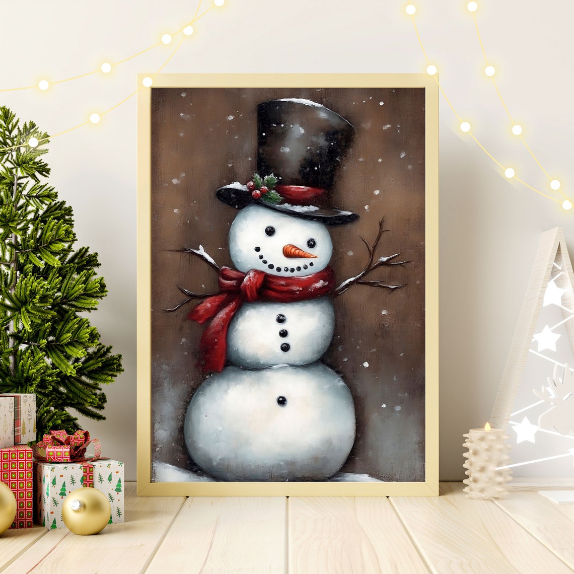Cute Snowman Top Hat Red Scarf Vintage Christmas Winter Poster - Image 2