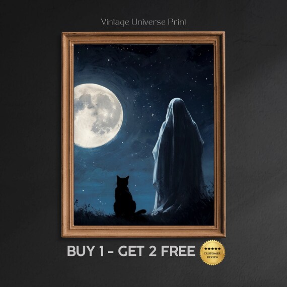 Ghost Under Starry Night Sky And Black Cat Print Ghost Halloween Home Decor Dark Aesthetic Painting Vintage Poster Spooky Decor 164