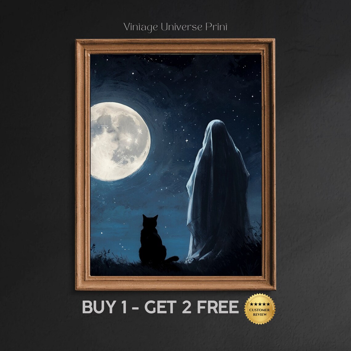 Ghost And Black Cat Gazing At A Full Moon In A Starry Night Sky Painting Poster
