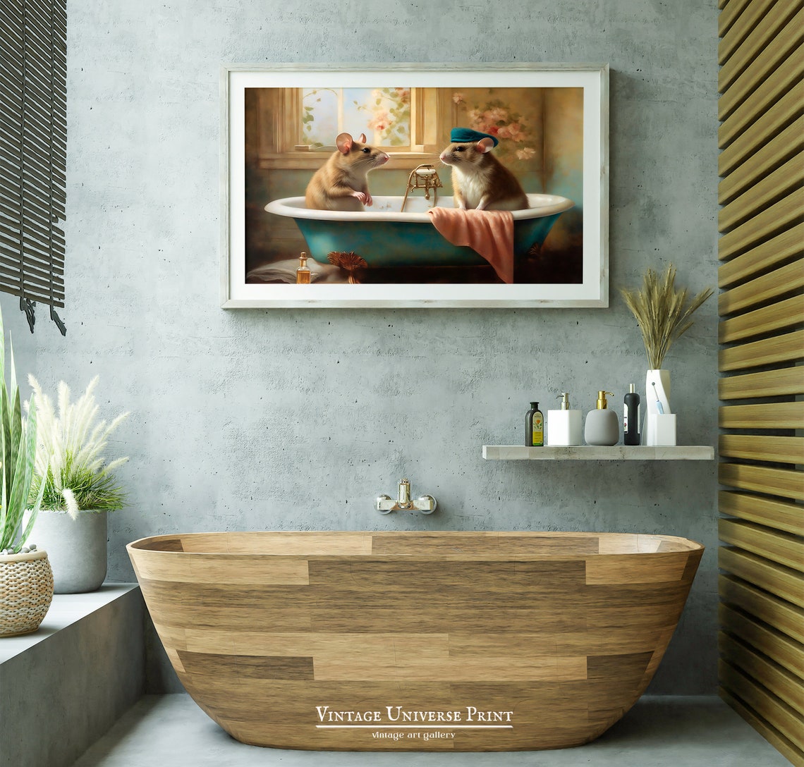 Two Mice in a Teal Bathtub with One Wearing a Blue Beret Whimsy Poster - Image 2