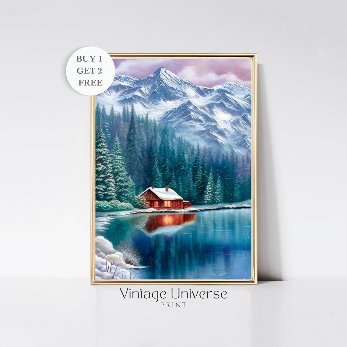 Snowy Mountain Cabin Glowing Lake Reflection Winter Forest Poster