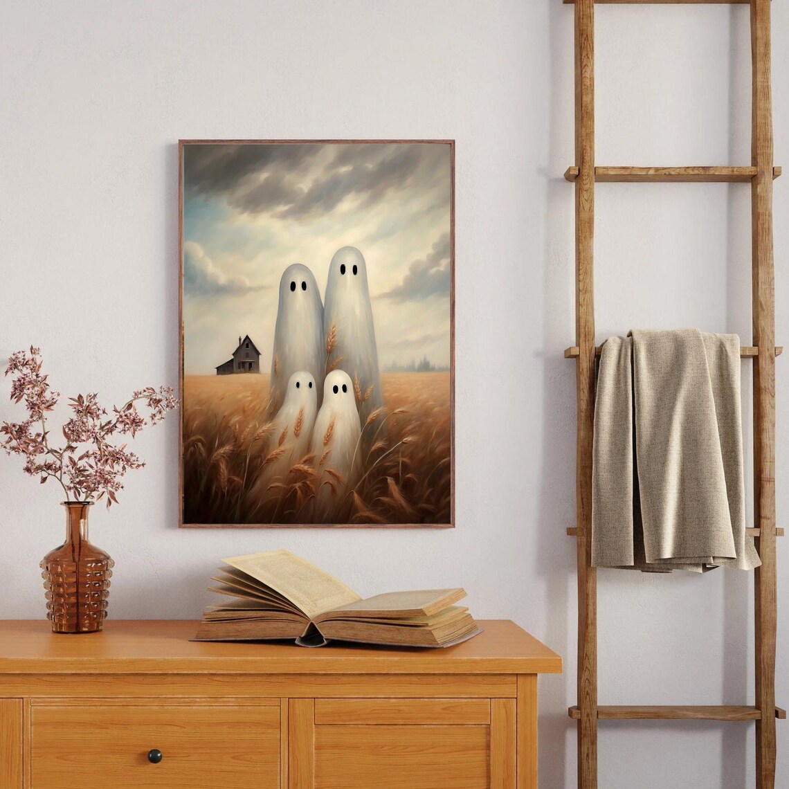 Ghost Family In Golden Wheat Field With Farmhouse Moody Farm Print - Image 3