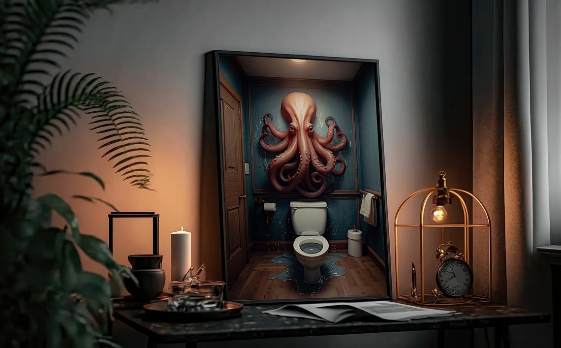 Giant Octopus Above The Toilet Moody Surreal Bathroom Poster - Image 3