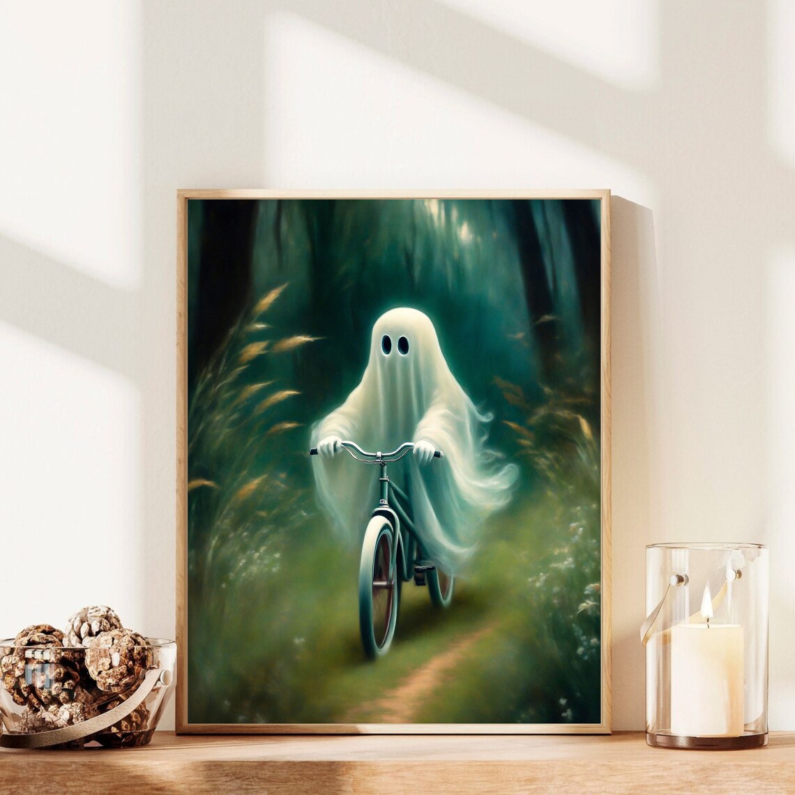 Cute Ghost Riding Vintage Bike Misty Green Forest Trail Print - Image 4