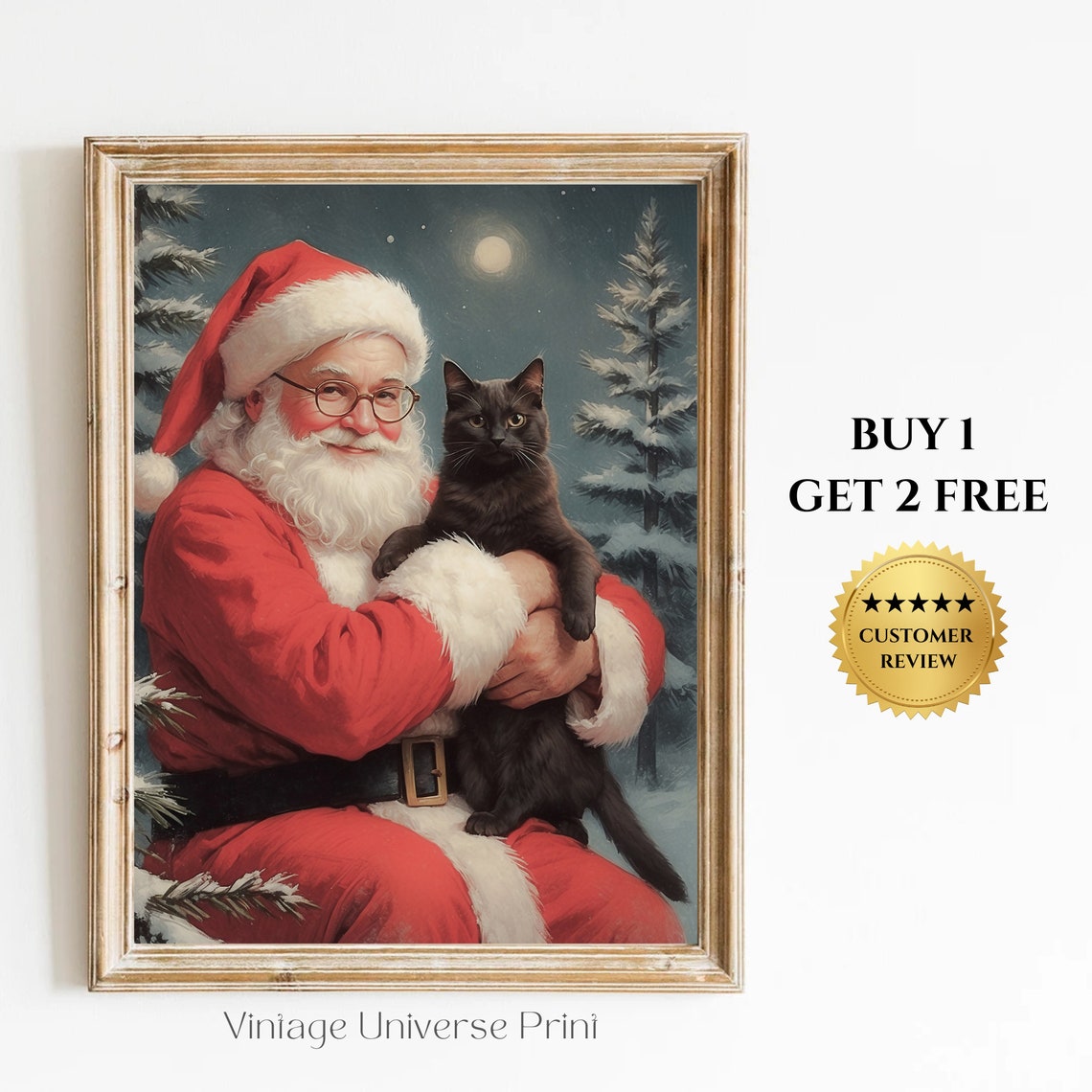 Santa Claus Holding Black Cat Snowy Moonlit Forest Christmas Poster