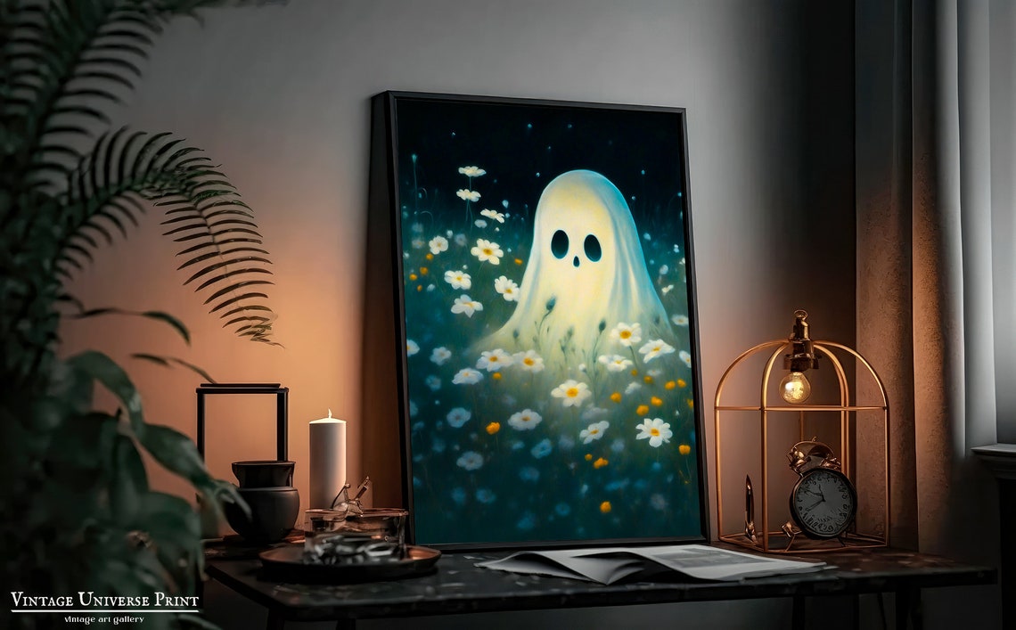 Cute Ghost in Daisy Meadow at Night Vintage Halloween Poster - Image 4