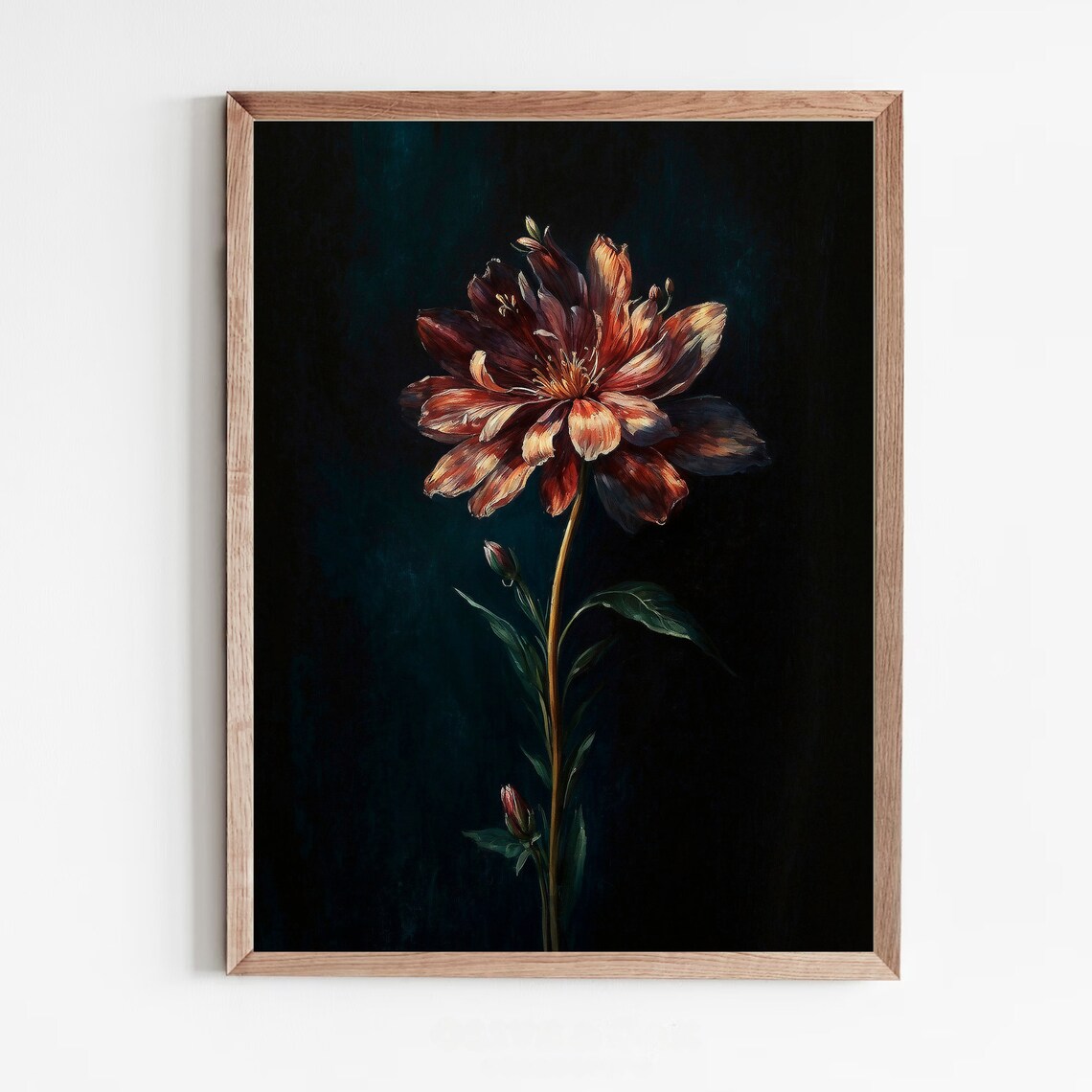 Rust Red Dahlia Single Stem Moody Dark Floral Painting Poster - Image 5