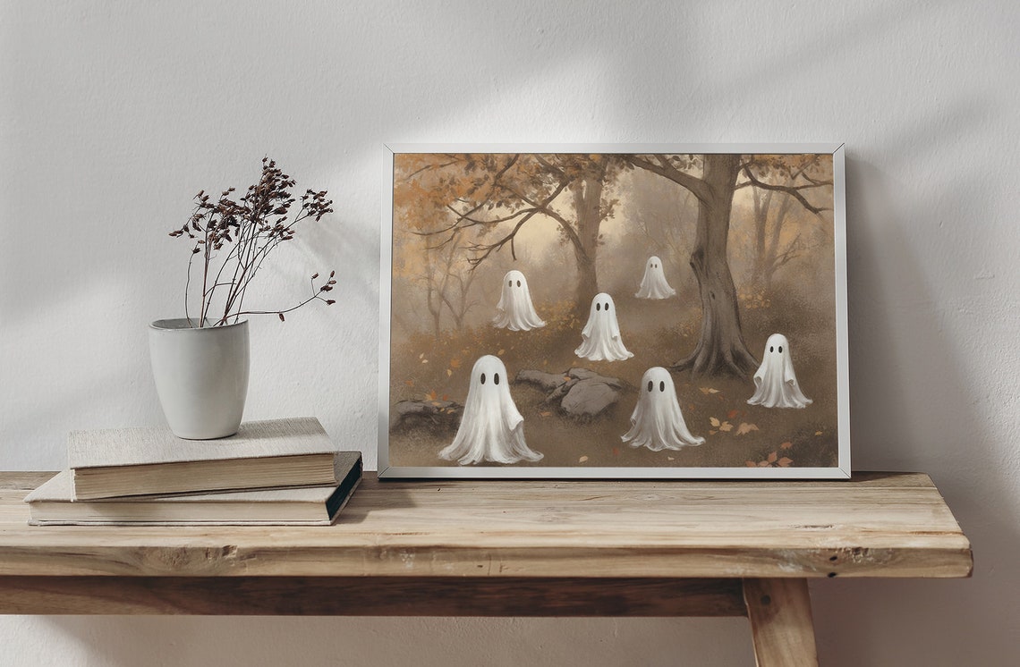 Six Cute Ghosts Gathering In Misty Autumn Forest Halloween Poster - Image 2
