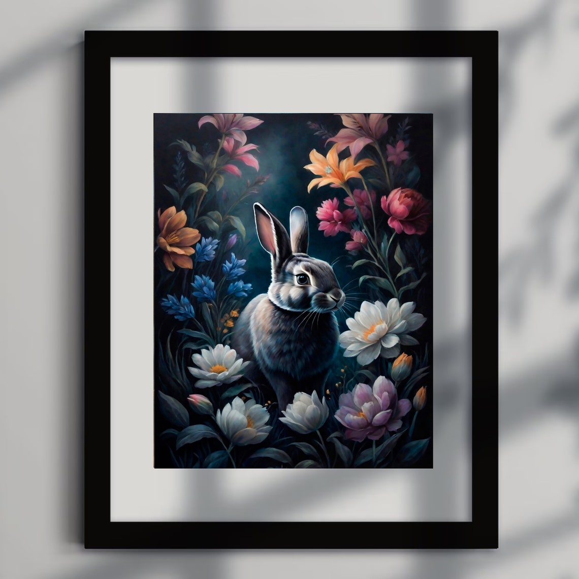 Grey Rabbit Colorful Blooms Moody Floral Night Garden Poster - Image 5