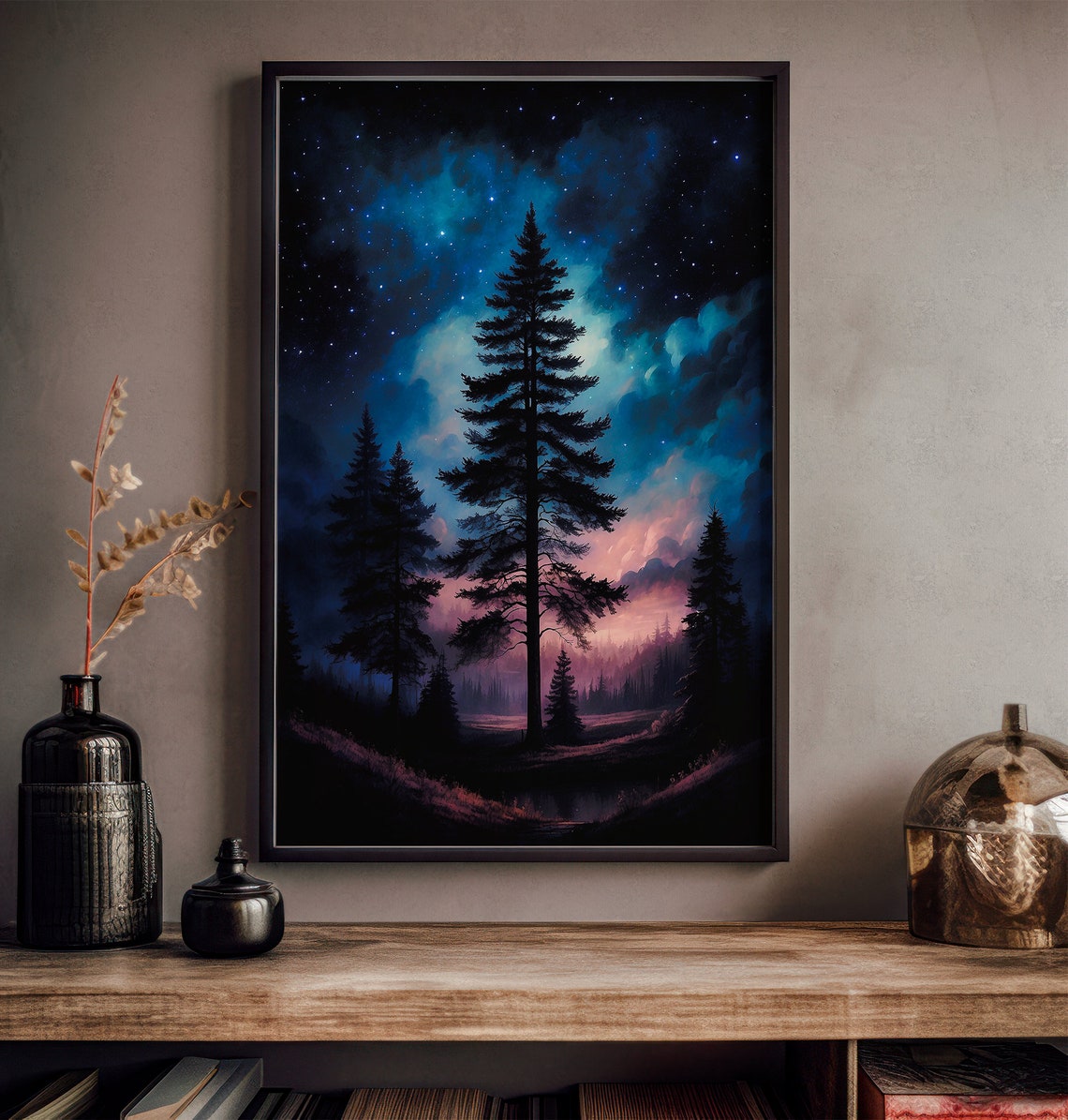Tall Pine Tree Silhouette Under Teal Starry Night Sky Aurora Wall Art - Image 3