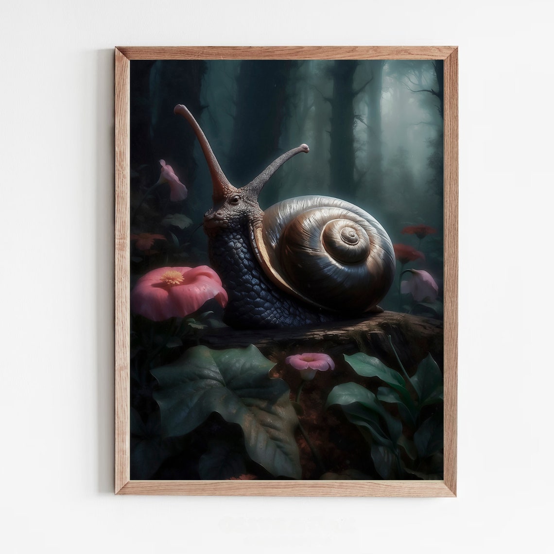 Giant Snail on a Log in a Misty Forest with Pink Flowers Art Print - Image 5