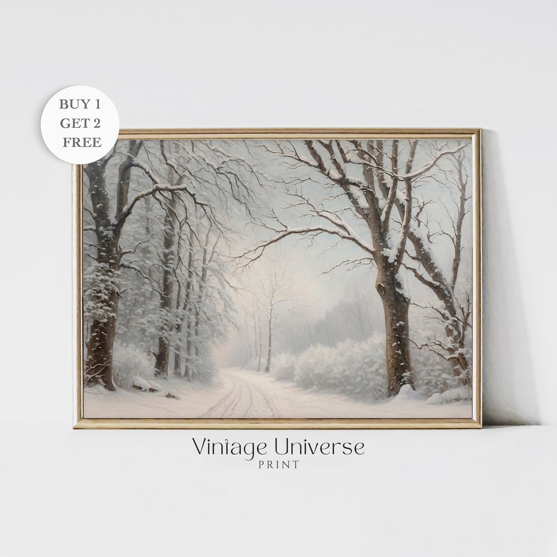 Snow Covered Winter Forest Path With Bare Trees In Soft White Poster