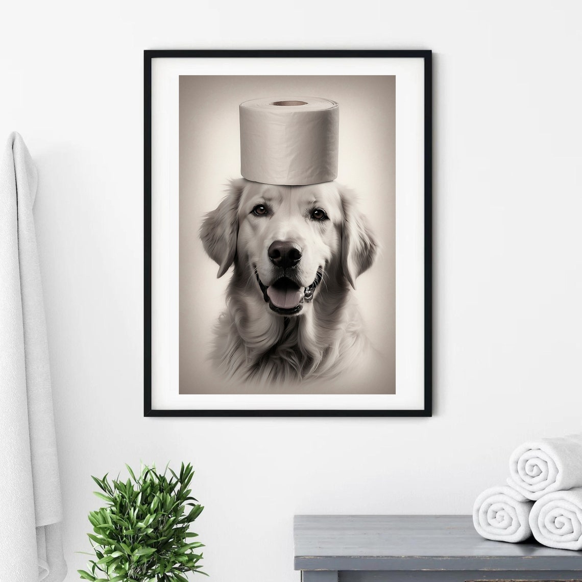 Golden Retriever With Toilet Paper Roll On Head Funny Bathroom Poster - Image 4