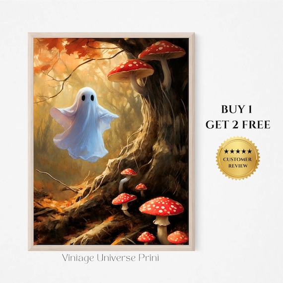 Cute Ghost By Tree With Red Mushrooms In Autumn Forest Halloween Painting Poster