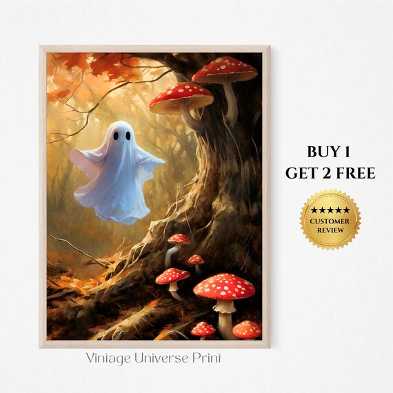 Cute Ghost In The Woods Painting Moody Forest Ghost Painting Autumn Landscape Vintage Style Wall Art Fall Halloween Decor 177