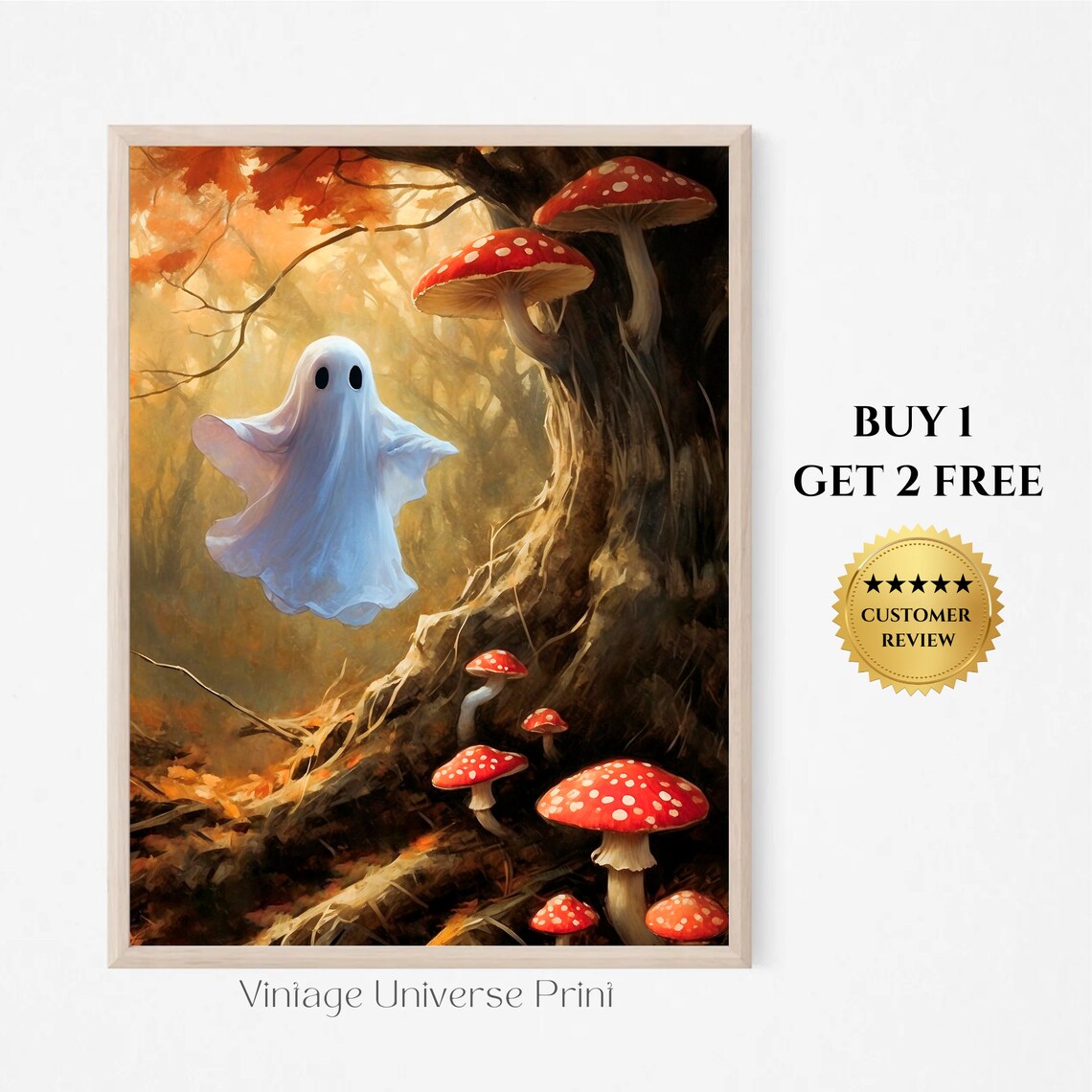 Cute Ghost By Tree With Red Mushrooms In Autumn Forest Halloween Painting Poster