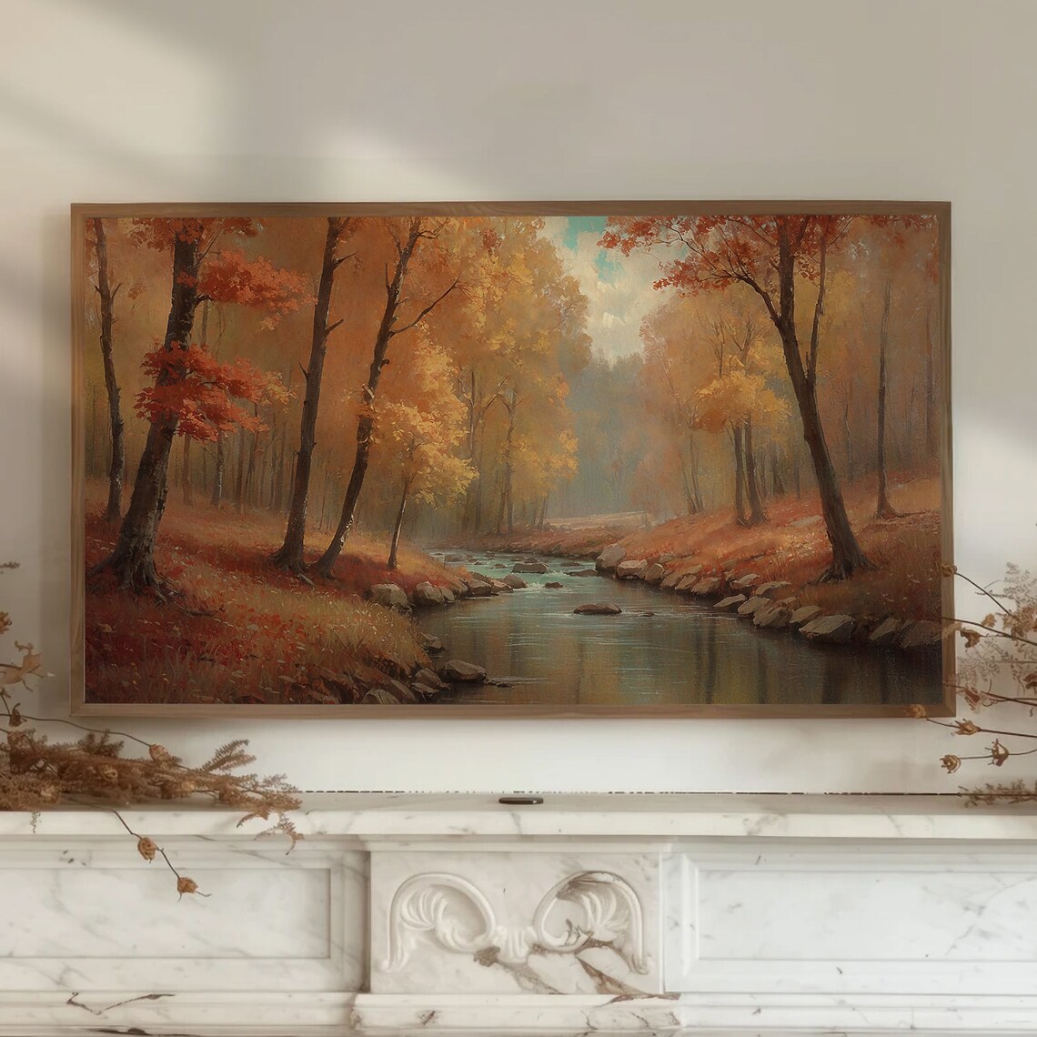 Fall Forest Stream Rocky Creek Orange Autumn Foliage Painting Poster - Image 2