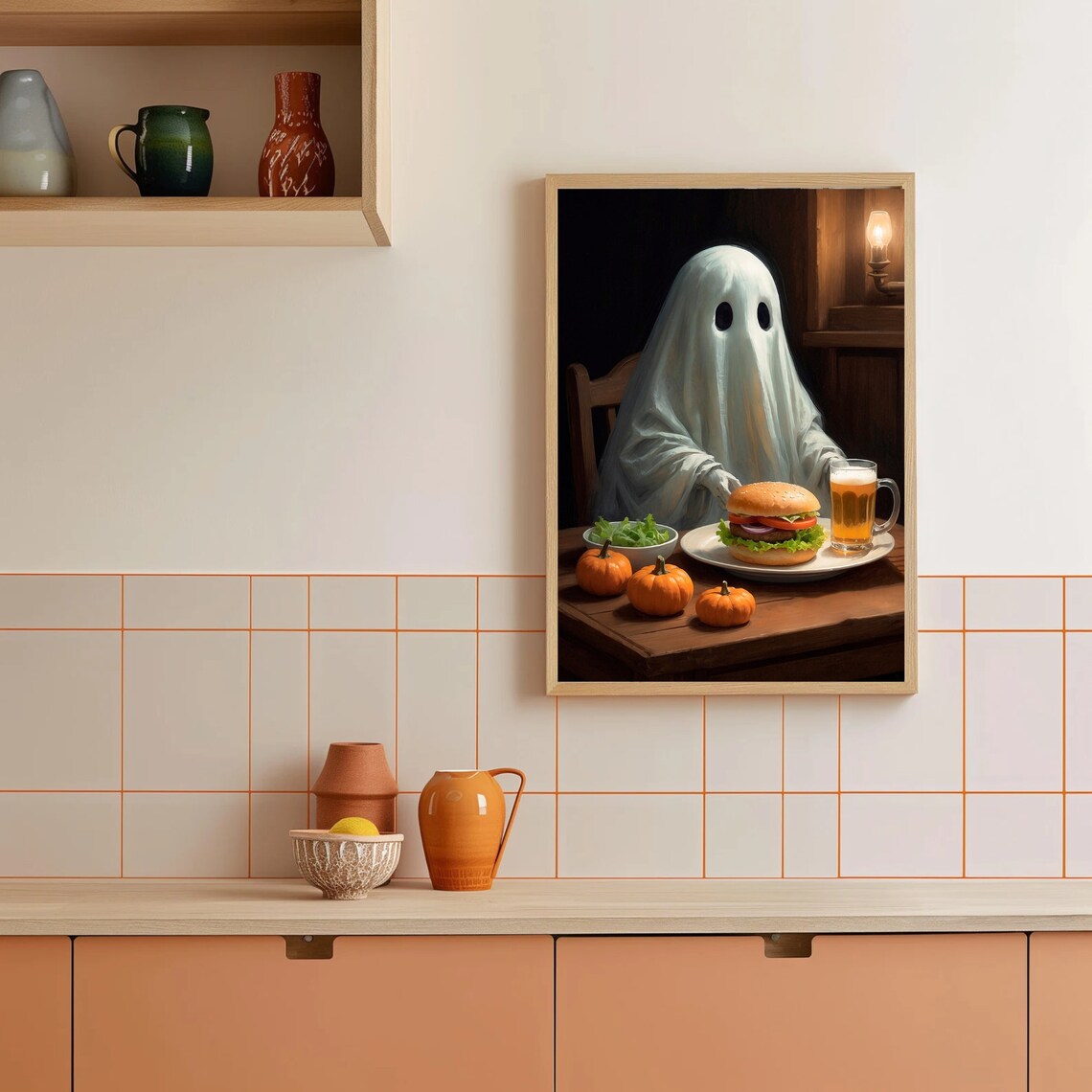 Cute Ghost Eating Burger With Beer At Cozy Tavern Funny Halloween Painting Poster - Image 4
