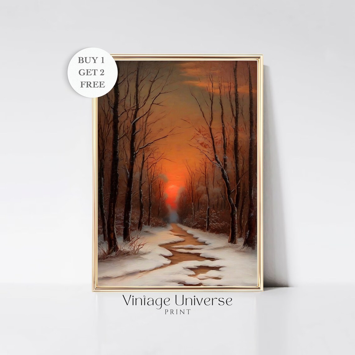 Muted Winter Landscape Painting Vintage Christmas Art Print Warm Winter Wall Art Snowy Wood Landscape Painting Wall Art