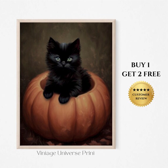 Black Kitten Hollowed Pumpkin Cute Halloween Kitty Art Print