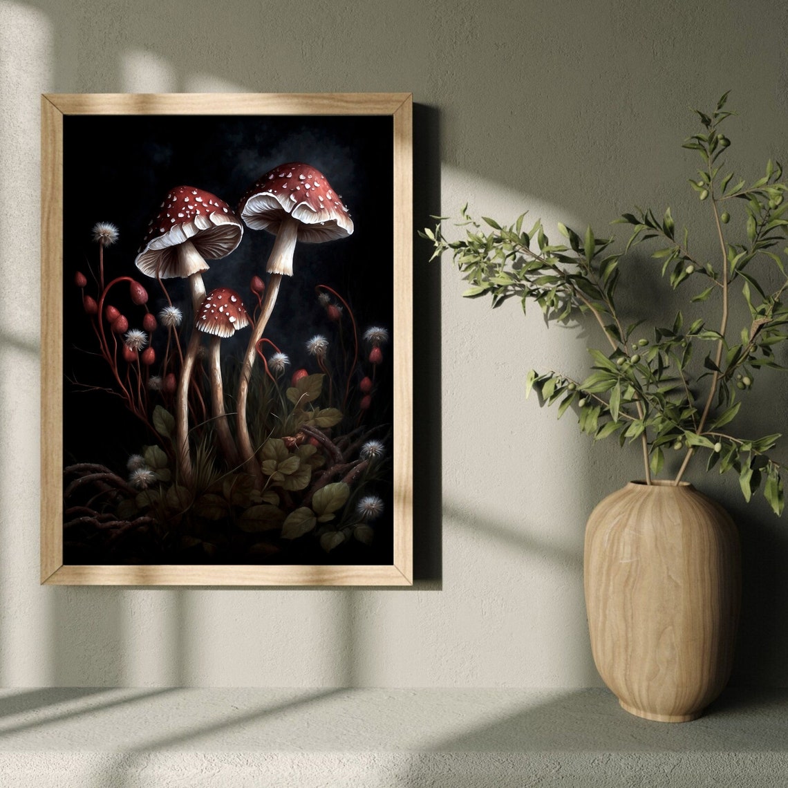 Red Fly Agaric Mushrooms With Seed Heads On Black Background Poster - Image 4