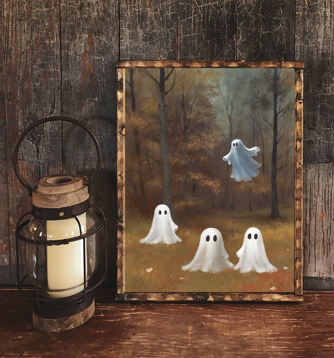 Four Ghosts In Dark Misty Autumn Forest Vintage Halloween Poster - Image 4