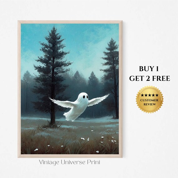 Ghost With White Wings Flying Over Misty Pine Forest Moody Painting Poster