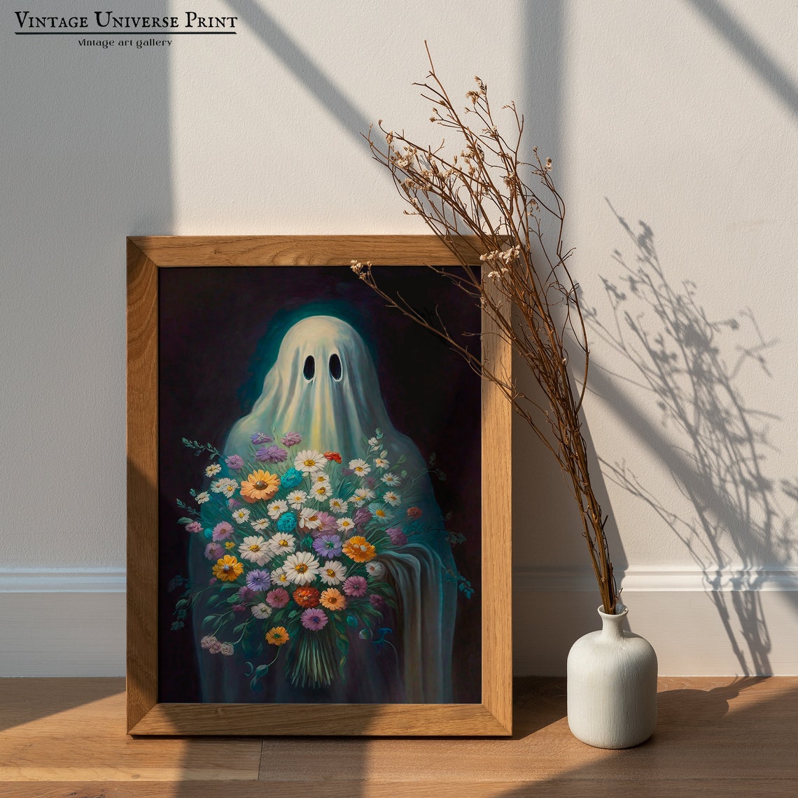 Sweet Ghost Holding Wildflower Bouquet Spooky Cute Art Poster - Image 3