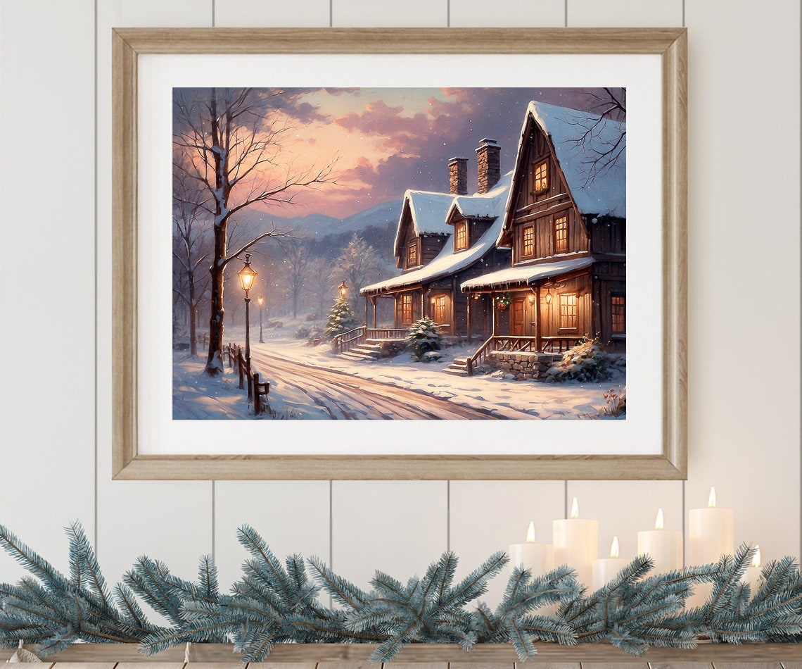 Christmas Winter Painting Snowy Wall Art Winter Village Home Decor Christmas Wall Art Vintage Christmas Winter Seasonal Decor - Image 3