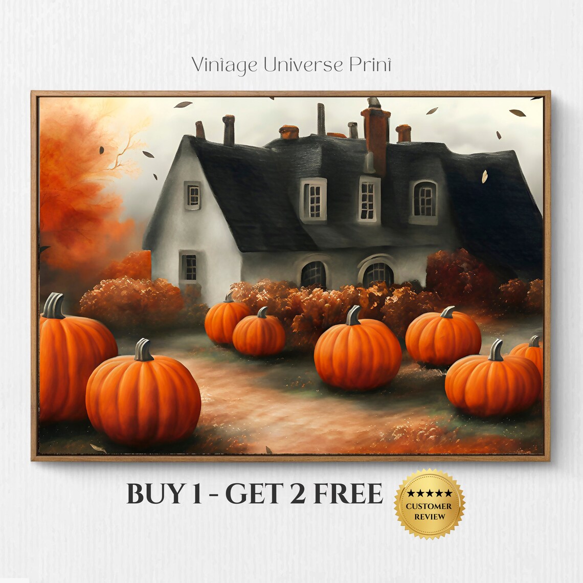 Country House Pumpkin Patch Autumn Vintage Oil Painting Wall Art