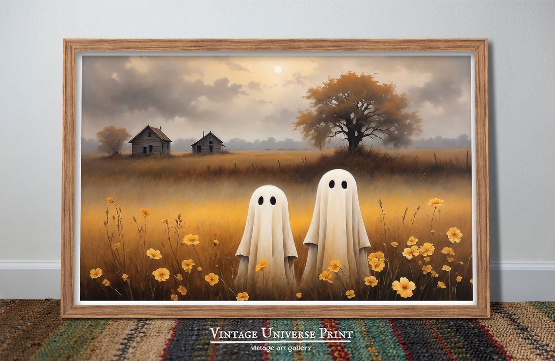 Two Friendly Ghosts In A Golden Flower Field Vintage Fall Poster - Image 4