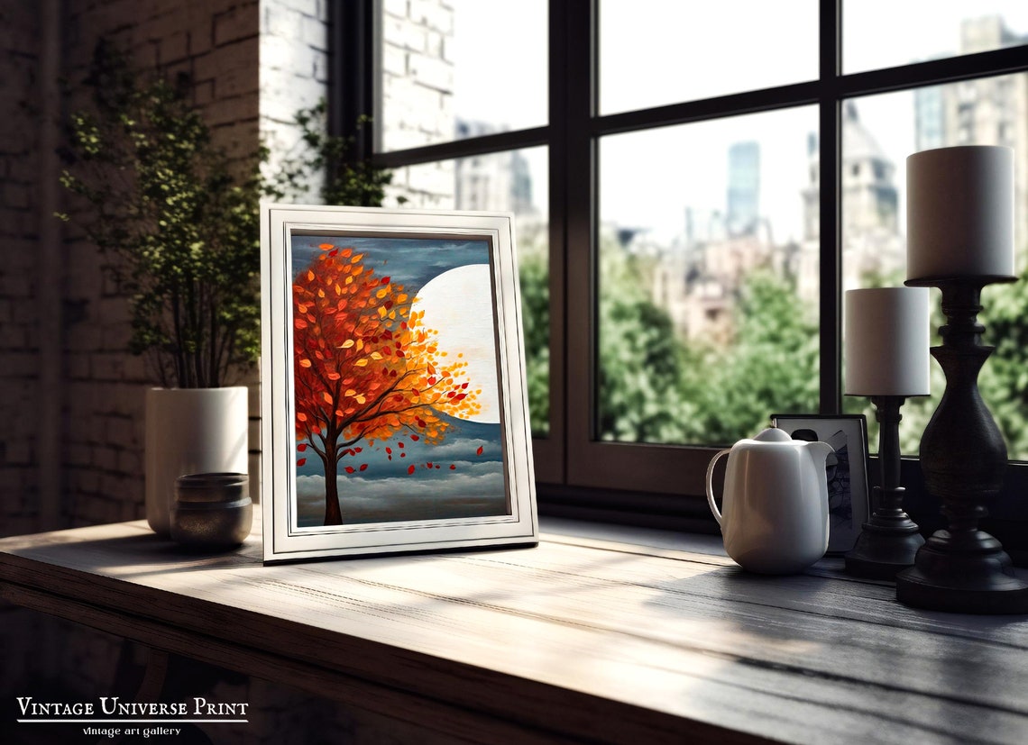 Autumn Tree With Fiery Orange Leaves Before A Full Moon Wall Art - Image 3