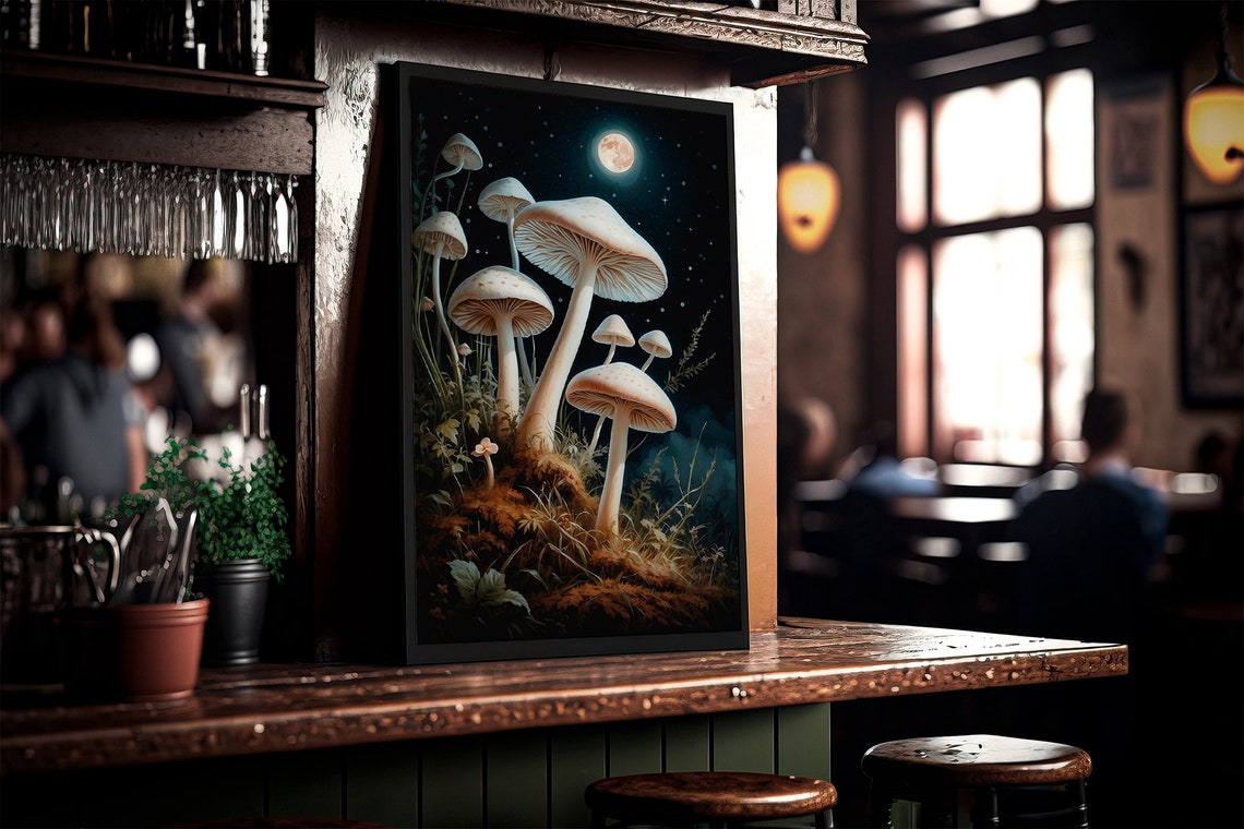 Giant White Mushrooms Under a Glowing Full Moon Starry Night Art Print - Image 4