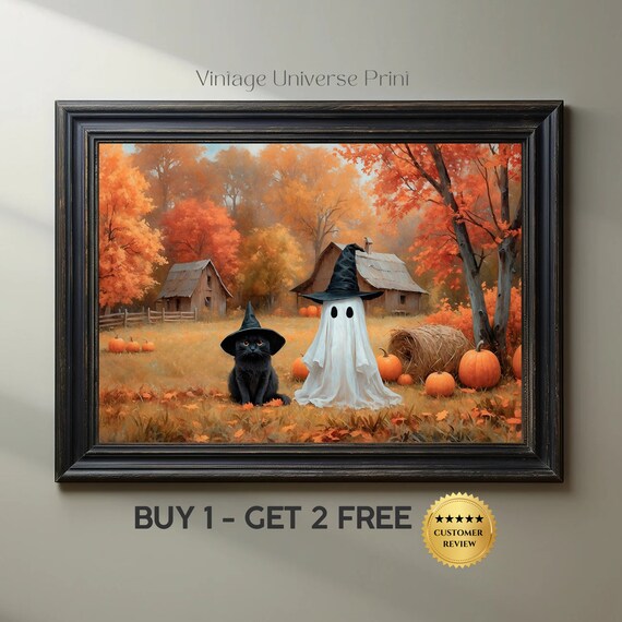 Ghost And Black Cat In Witch Hats At Autumn Pumpkin Farm Halloween Painting Poster