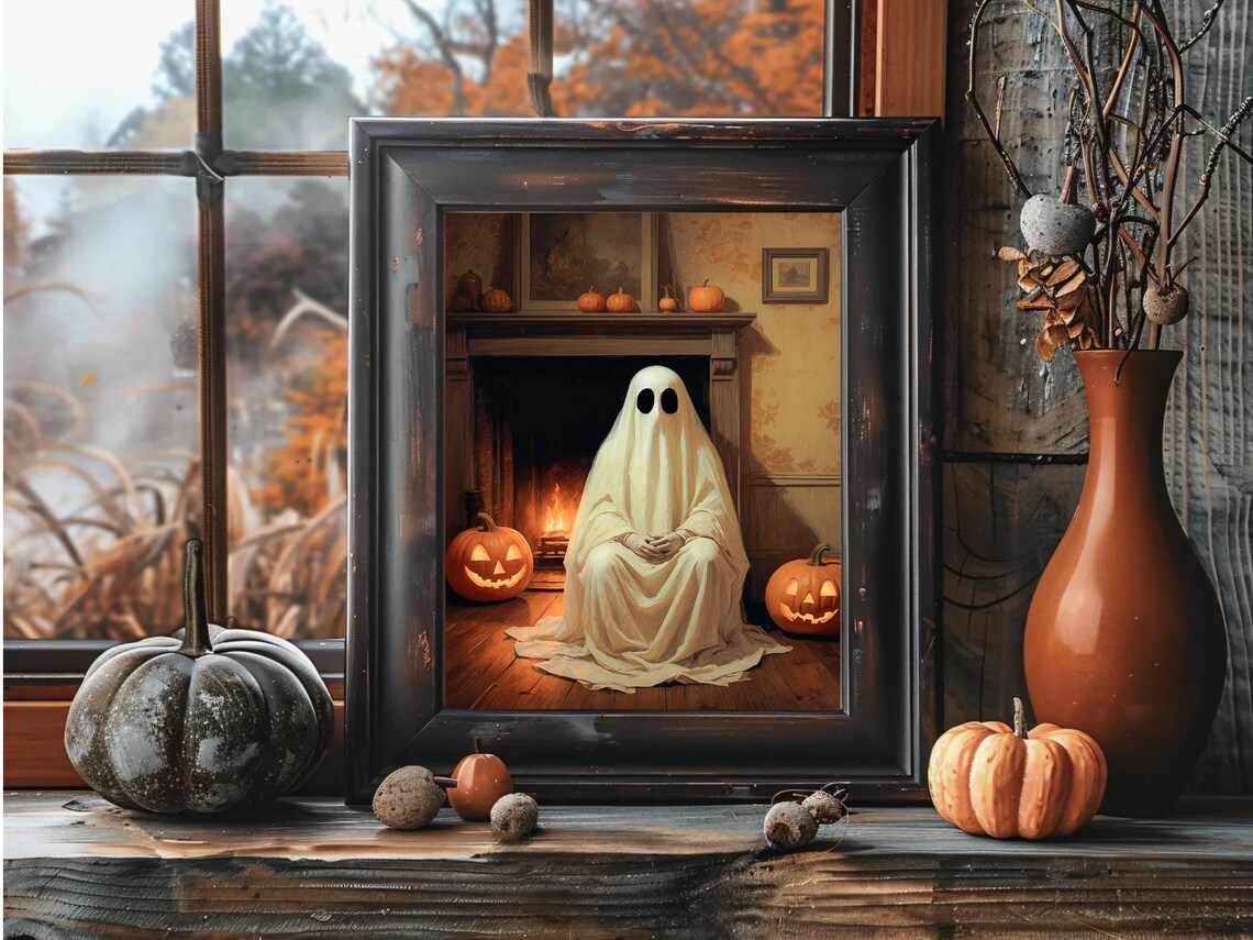 Ghost Sitting By A Glowing Fireplace Surrounded By Jack O Lanterns Art Print - Image 3