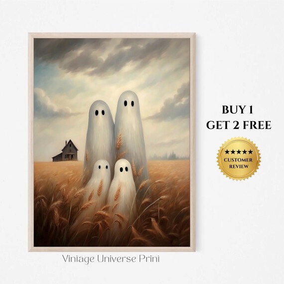 Ghost Family In Golden Wheat Field With Farmhouse Moody Farm Print
