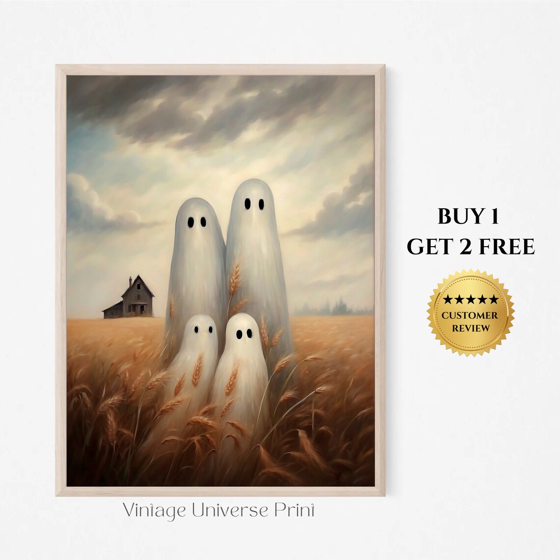 Ghost Family In Golden Wheat Field With Farmhouse Moody Farm Print